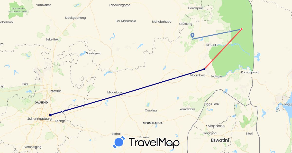 TravelMap itinerary: driving, cycling, hiking in South Africa (Africa)
